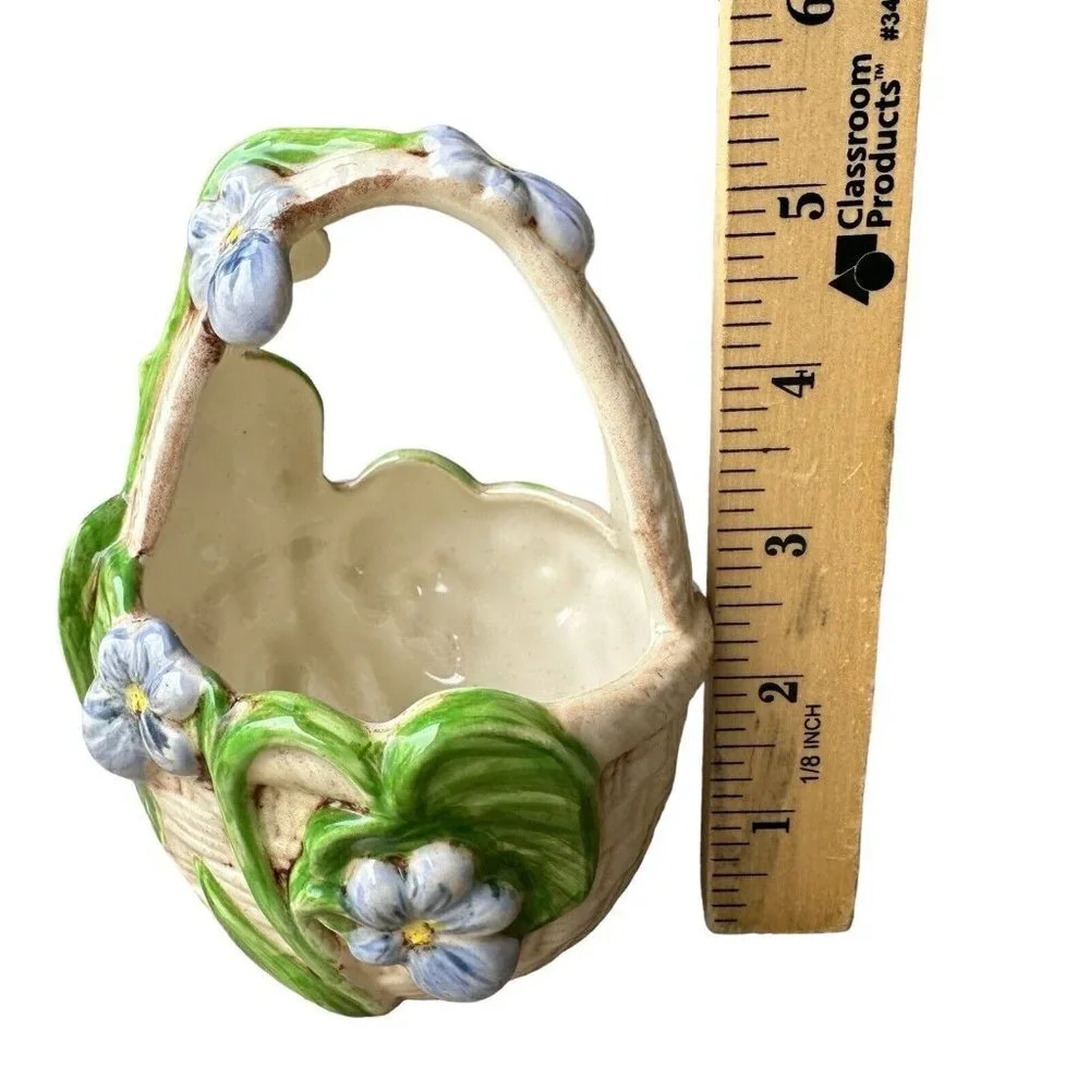 Vintage Artisan‎ Easter Spring Basket 5.5 Inch Ceramic Blue Flowers Green Leaves